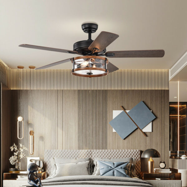 52 Inch Retro Ceiling Fan Lamp with Glass Shade Reversible Blade Remote Control - Image 12