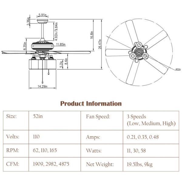 52 Inch Ceiling Fan Light with Pull Chain and 5 Bronze Finished Reversible Blades - Image 10