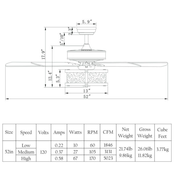 52 Inch Retro Ceiling Fan Lamp with Glass Shade Reversible Blade Remote Control - Image 2