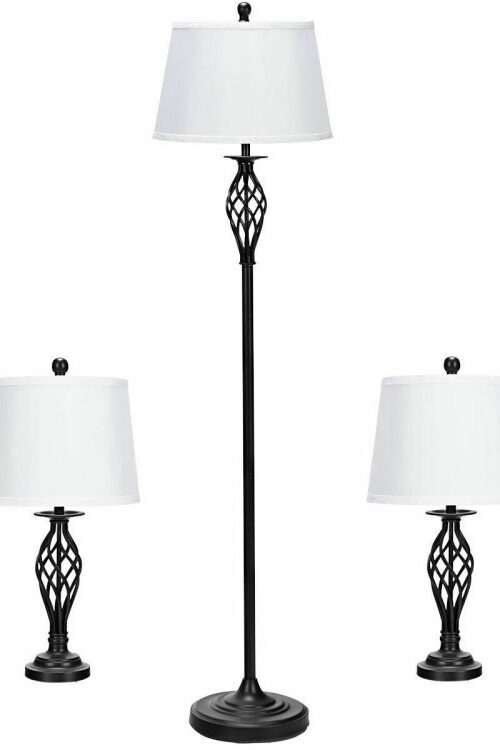 2 Table Lamps 1 Floor Lamp Set with Fabric Shades