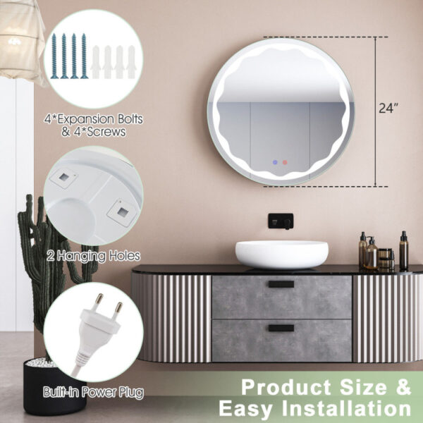 24 Inch Round Wall Mirror with 3-Color LED Lights and Smart Touch Button - Image 8