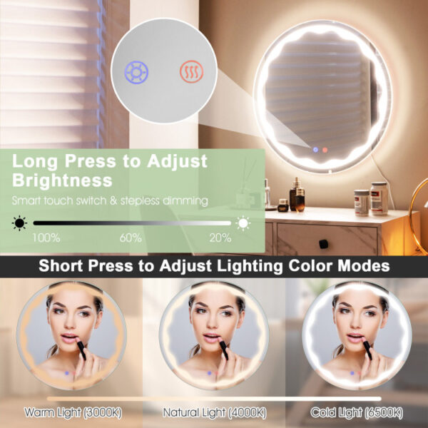 24 Inch Round Wall Mirror with 3-Color LED Lights and Smart Touch Button - Image 7