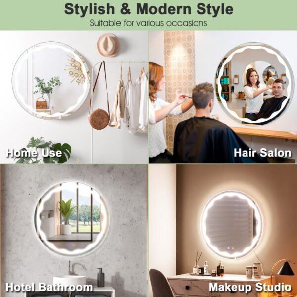 24 Inch Round Wall Mirror with 3-Color LED Lights and Smart Touch Button - Image 4