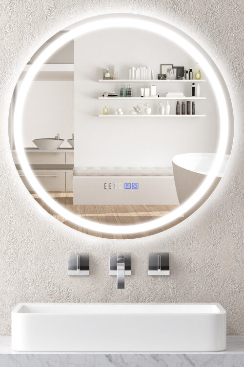 24 Inch Anti-Fog Bathroom Wall Mirror with 3-Color LED Lights and Temperature Display