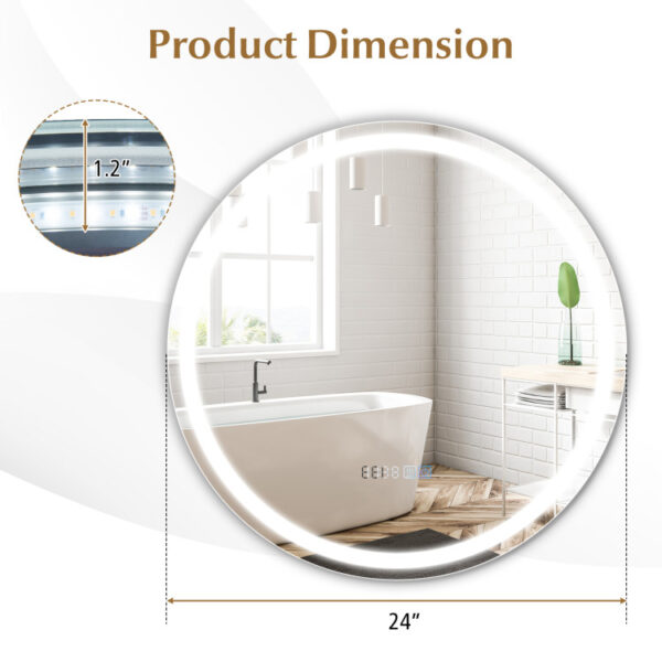 24 Inch Anti-Fog Bathroom Wall Mirror with 3-Color LED Lights and Temperature Display - Image 8