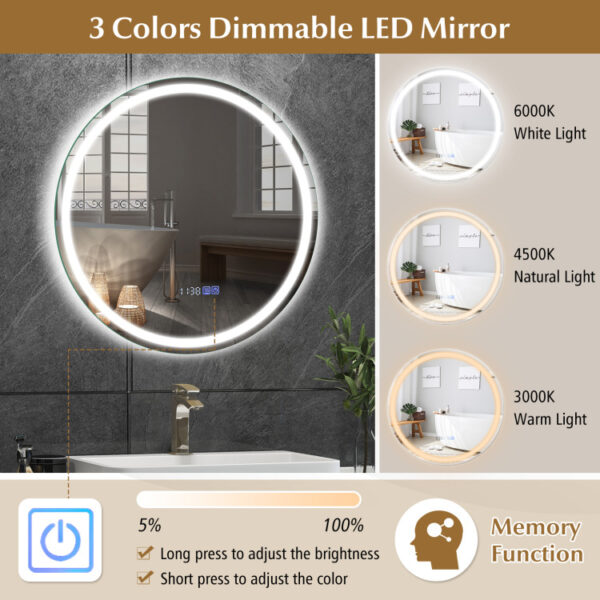 24 Inch Anti-Fog Bathroom Wall Mirror with 3-Color LED Lights and Temperature Display - Image 5