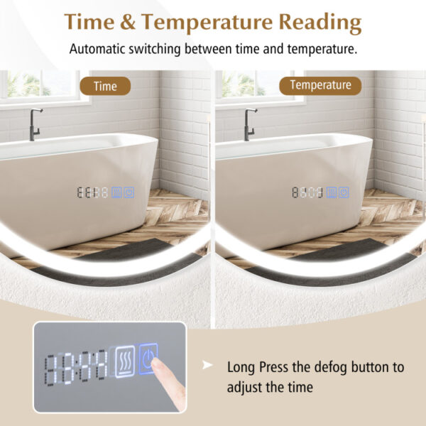 24 Inch Anti-Fog Bathroom Wall Mirror with 3-Color LED Lights and Temperature Display - Image 3