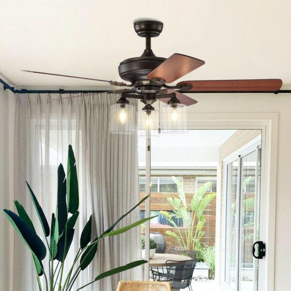 52 Inch Ceiling Fan Light with Pull Chain and 5 Bronze Finished Reversible Blades - Image 7