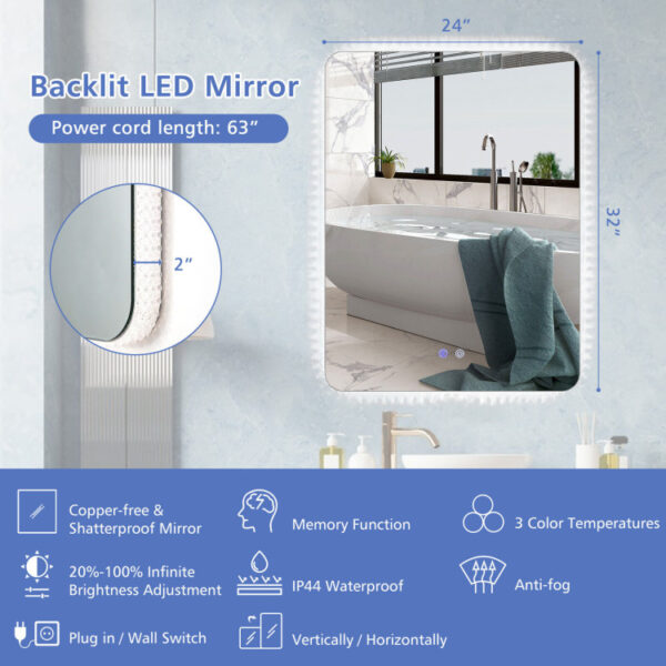 32 x 24 Inch Shatterproof Wall Mirror with 3-Color Lights and  Anti-Fog Function - Image 9