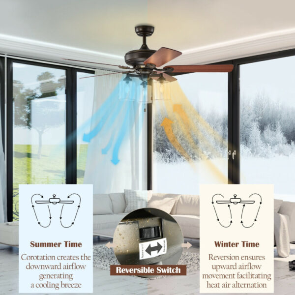 52 Inch Ceiling Fan Light with Pull Chain and 5 Bronze Finished Reversible Blades - Image 11