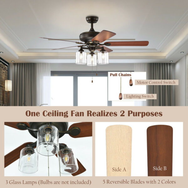 52 Inch Ceiling Fan Light with Pull Chain and 5 Bronze Finished Reversible Blades - Image 3