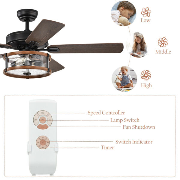 52 Inch Retro Ceiling Fan Lamp with Glass Shade Reversible Blade Remote Control - Image 4