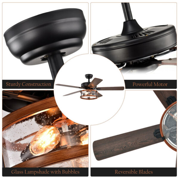 52 Inch Retro Ceiling Fan Lamp with Glass Shade Reversible Blade Remote Control - Image 3