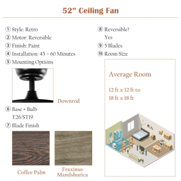 52 Inch Retro Ceiling Fan Lamp with Glass Shade Reversible Blade Remote Control - Image 10