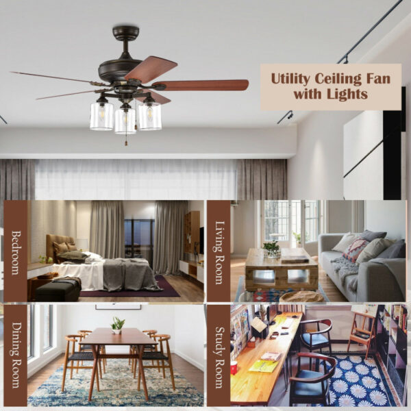 52 Inch Ceiling Fan Light with Pull Chain and 5 Bronze Finished Reversible Blades - Image 4