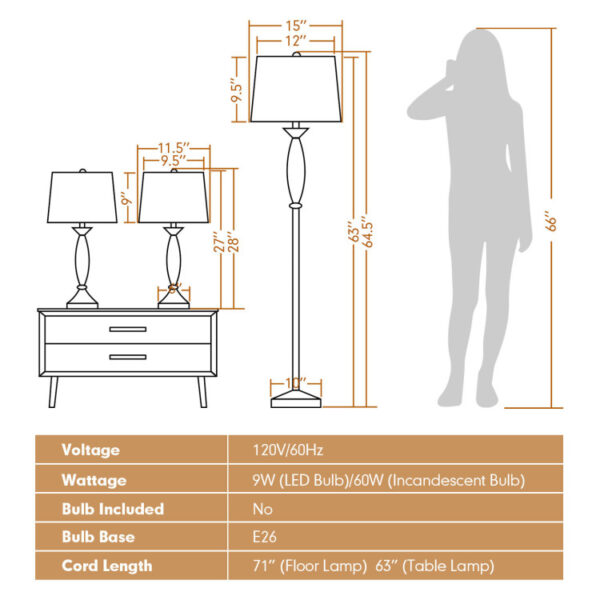 3-Piece Modern Nickel Finish Lamp Set - Image 8