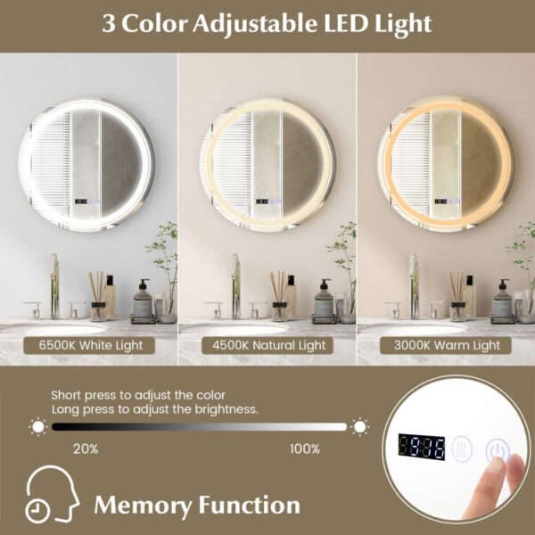 Anti-Fog Round Led Bathroom Mirror with 3 Color LED Lights - Image 6