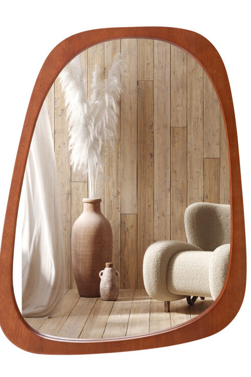 Asymmetrical Abstract Irregular Shaped Wall Mirror with Rustic Frame