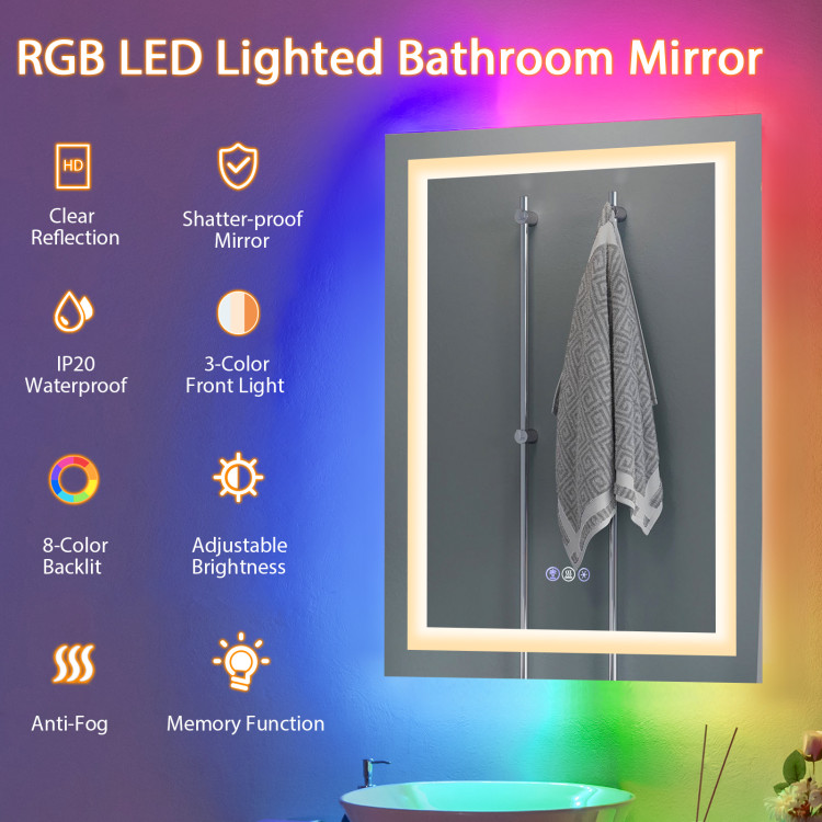 32 Inch x 24 Inch Bathroom Anti-Fog Wall Mirror with Colorful Light - Image 2