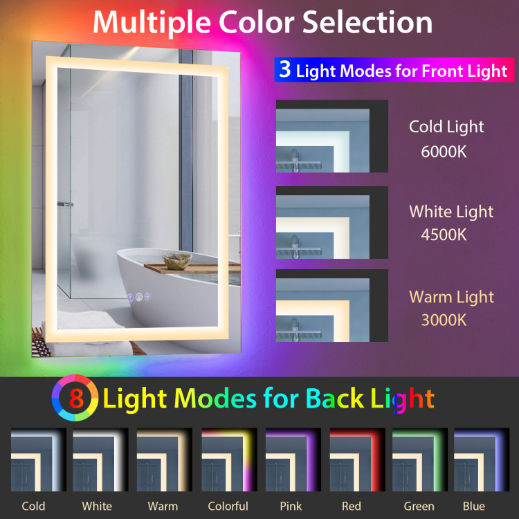 32 Inch x 24 Inch Bathroom Anti-Fog Wall Mirror with Colorful Light - Image 6