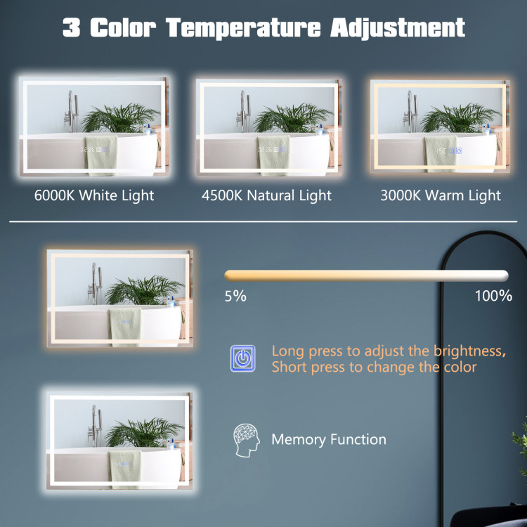 LED Bathroom Mirror Wall Mounted Rectangle Mirror with 3-Color Dimmable Lights - Image 7