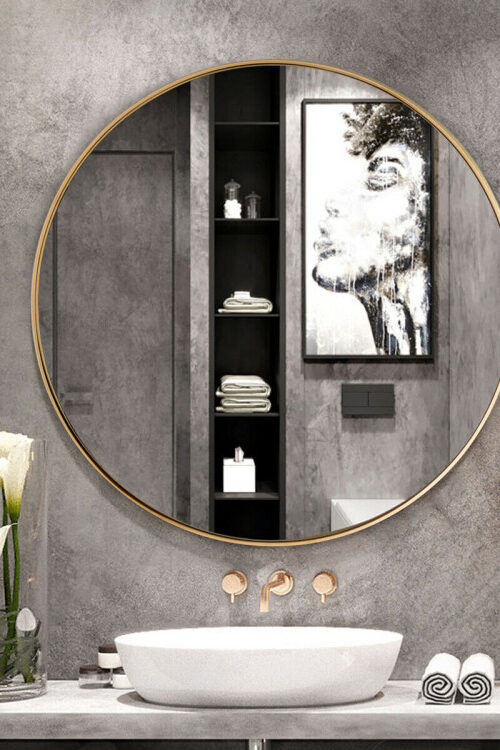 27.5 Inch Modern Metal Wall-Mounted Round Mirror for Bathroom