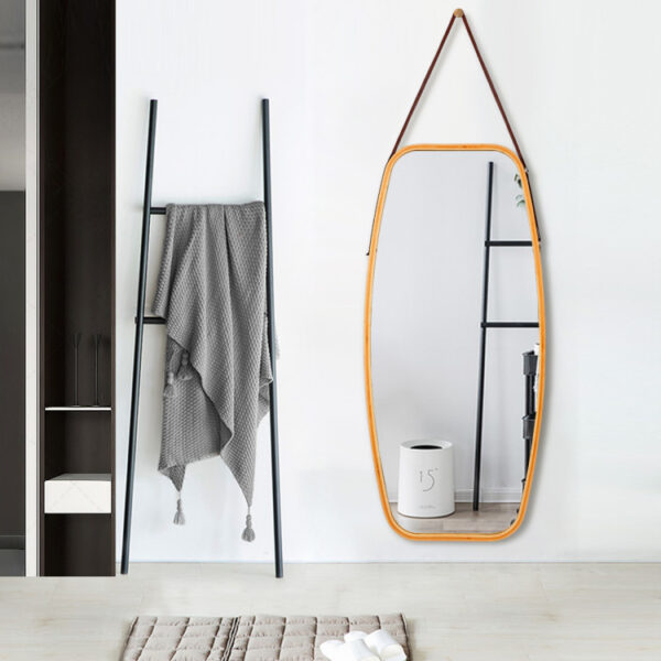 Modern Wall Mirror with Bamboo Frame and Adjustable Leather Strap - Image 6