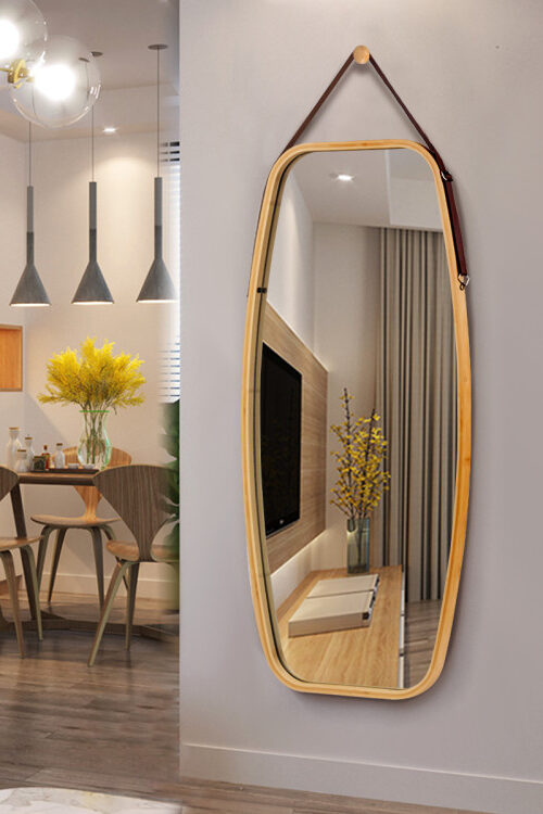 Modern Wall Mirror with Bamboo Frame and Adjustable Leather Strap