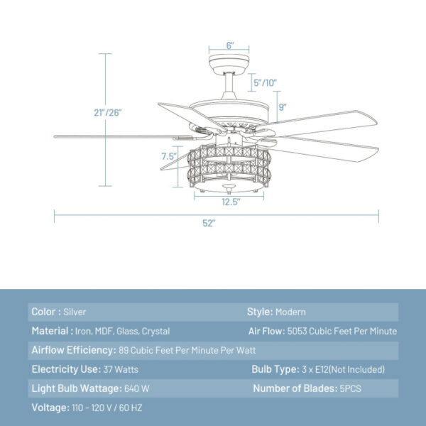 52 Inches Classical Crystal Ceiling Fan Lamp - Image 8