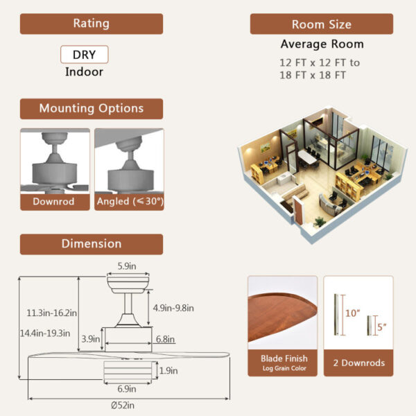 52 Inch Reversible Ceiling Fan with LED Light and Adjustable Temperature - Image 7