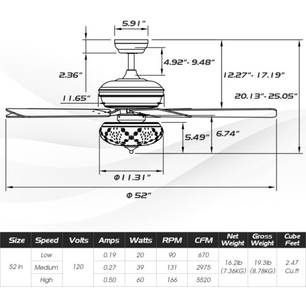 52 Inch Ceiling Fan with 3 Wind Speeds and 5 Reversible Blades - Image 8