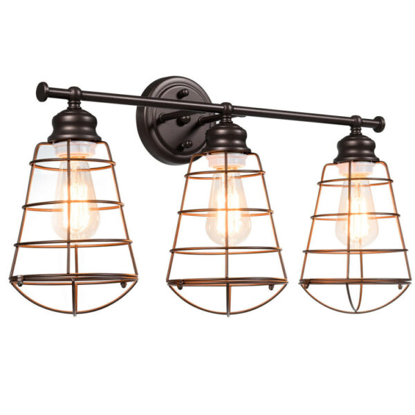 3-Light Vanity Lamp Bathroom Fixture with Metal Wire Cage - Image 6