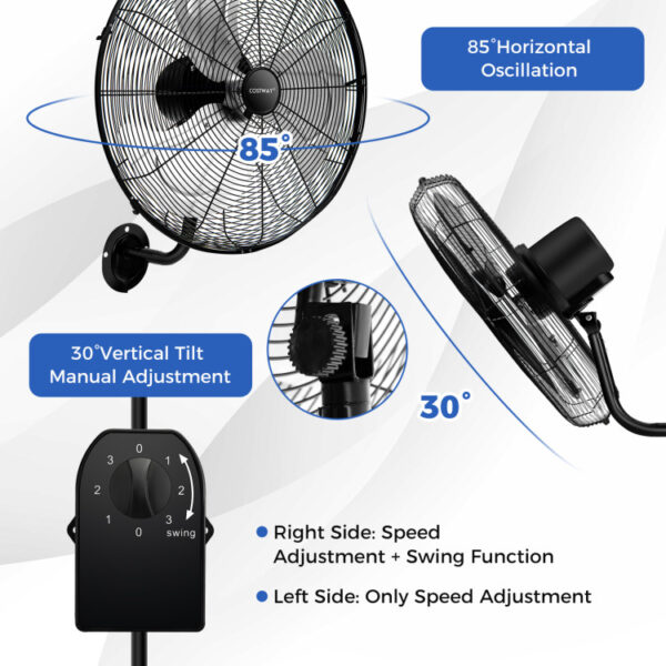 20 Inch Wall Mount Fan with 3 Fan Speeds and Adjustable Tilt Head - Image 4