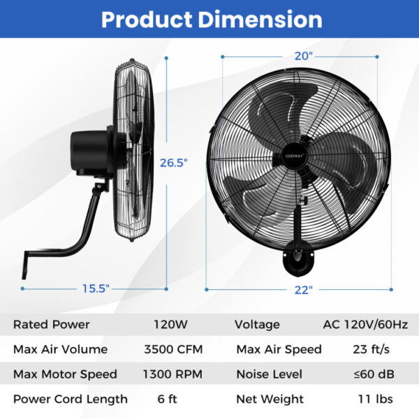 20 Inch Wall Mount Fan with 3 Fan Speeds and Adjustable Tilt Head - Image 8