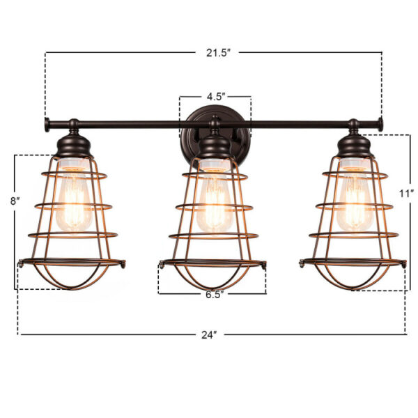 3-Light Vanity Lamp Bathroom Fixture with Metal Wire Cage - Image 2