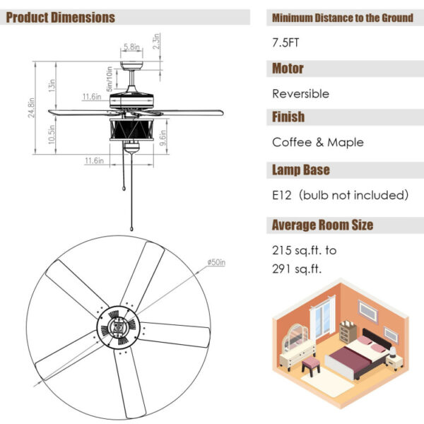 50 Inches Ceiling Fan with Lights Reversible Blades and Pull Chain Control - Image 8