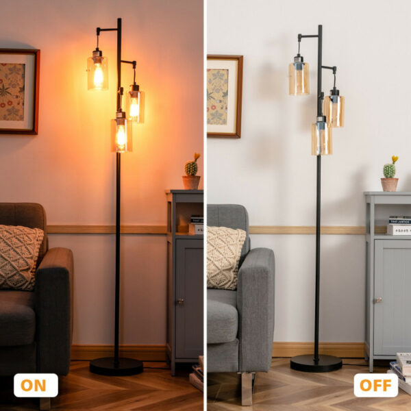 Retro Floor Lamp with 3-Head Hanging Amber Glass Shade - Image 2