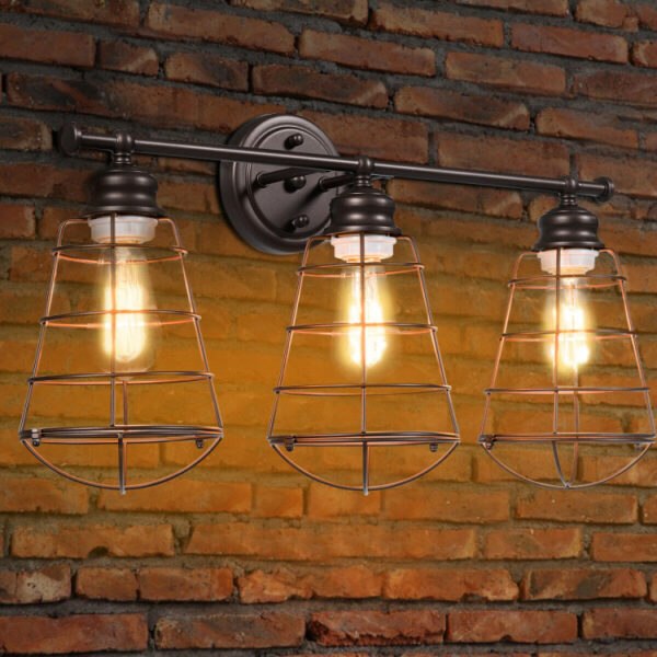 3-Light Vanity Lamp Bathroom Fixture with Metal Wire Cage - Image 8