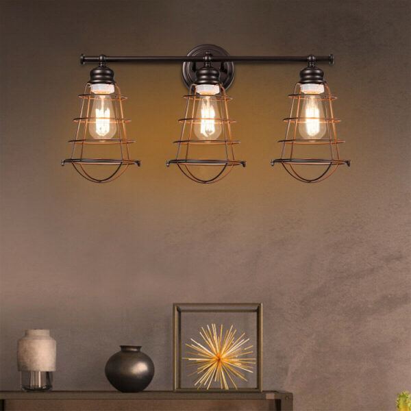 3-Light Vanity Lamp Bathroom Fixture with Metal Wire Cage