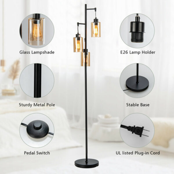 Retro Floor Lamp with 3-Head Hanging Amber Glass Shade - Image 5