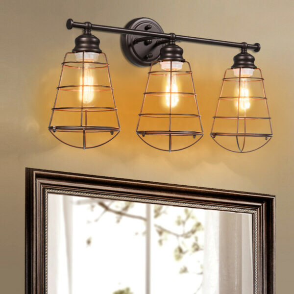 3-Light Vanity Lamp Bathroom Fixture with Metal Wire Cage - Image 7