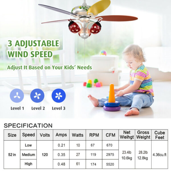 52 Inch Kids Ceiling Fan with Pull Chain Control - Image 2