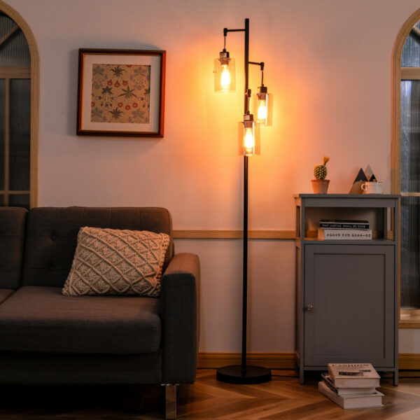 Retro Floor Lamp with 3-Head Hanging Amber Glass Shade - Image 9