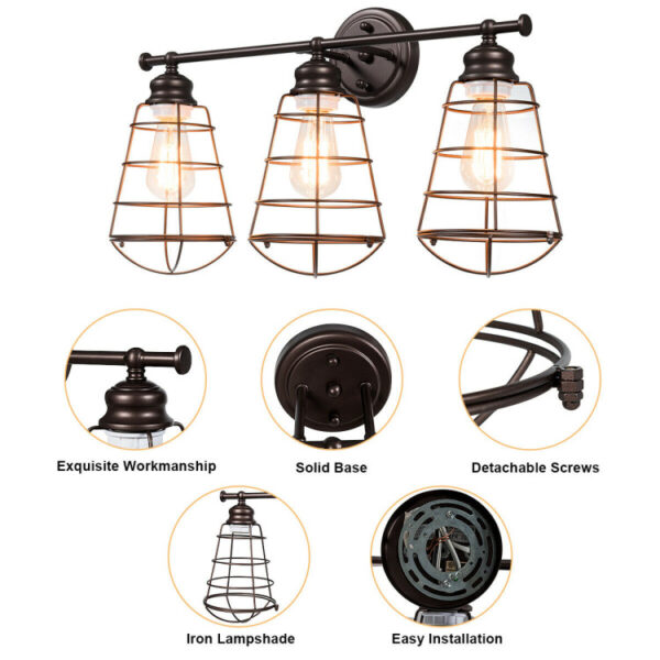 3-Light Vanity Lamp Bathroom Fixture with Metal Wire Cage - Image 3