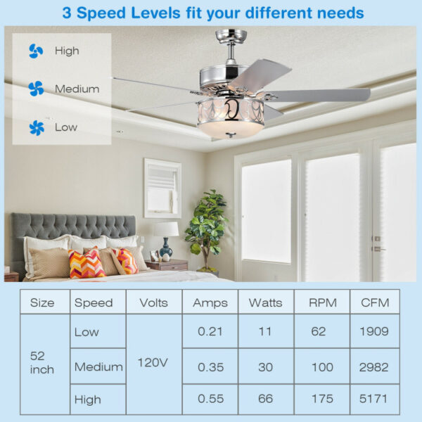 52 Inch Ceiling Fan with Light Reversible Blade and Adjustable Speed - Image 5