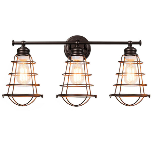 3-Light Vanity Lamp Bathroom Fixture with Metal Wire Cage - Image 5