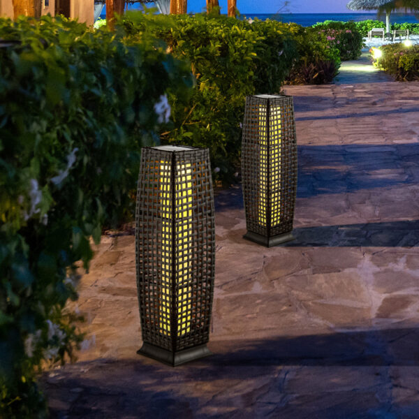 2 Pieces Solar-Powered Square Wicker Floor Lamps with Auto LED Light - Image 7