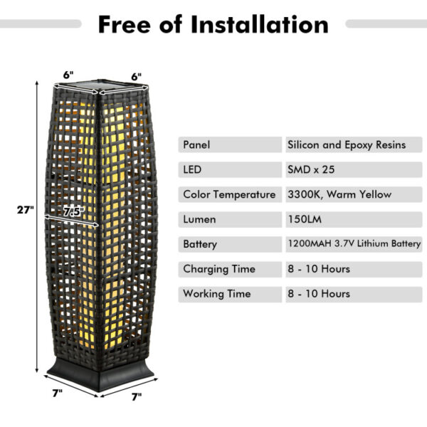 2 Pieces Solar-Powered Square Wicker Floor Lamps with Auto LED Light - Image 8