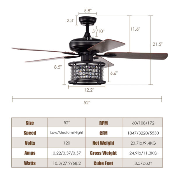 52 Inch 3-Speed Crystal Ceiling Fan Light with Remote Control - Image 9