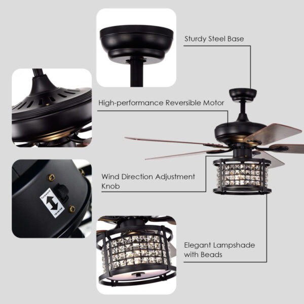 52 Inch 3-Speed Crystal Ceiling Fan Light with Remote Control - Image 2